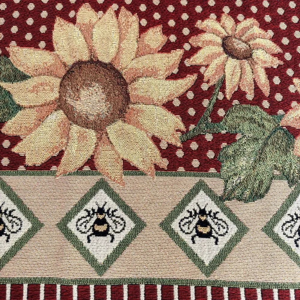 Sunflower Bee Woven Tapestry Throw Blanket Afghan Fringe Red 69x53 Cottagecore